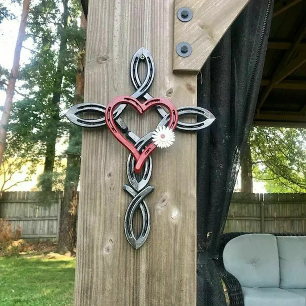 Natural Horsehsoe Cross With Heart Metal Wall Art Horseshoe Cross Outdoor Patio