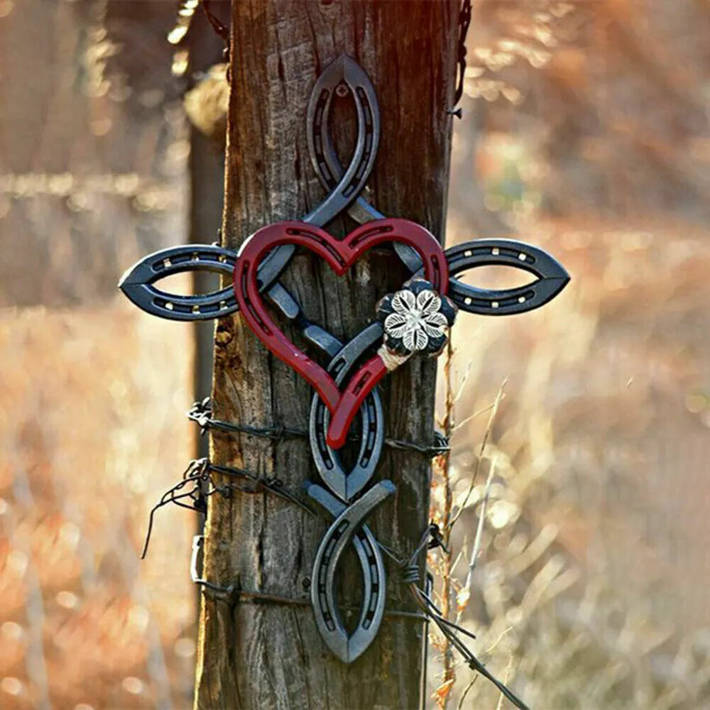 Natural Horsehsoe Cross With Heart Metal Wall Art Horseshoe Cross Outdoor Patio