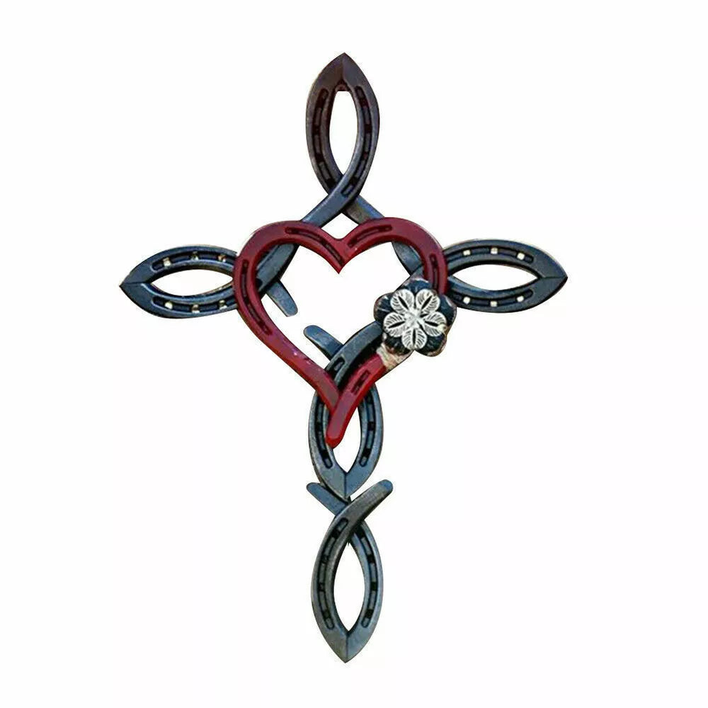 Natural Horsehsoe Cross With Heart Metal Wall Art Horseshoe Cross Outdoor Patio