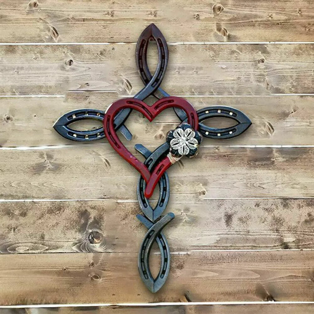 Natural Horsehsoe Cross With Heart Metal Wall Art Horseshoe Cross Outdoor Patio