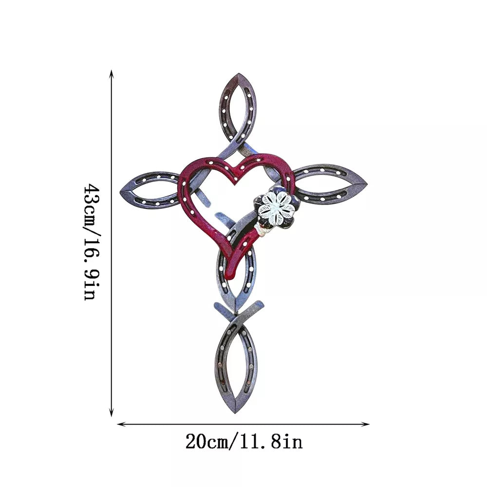 Natural Horsehsoe Cross With Heart Metal Wall Art Horseshoe Cross Outdoor Patio