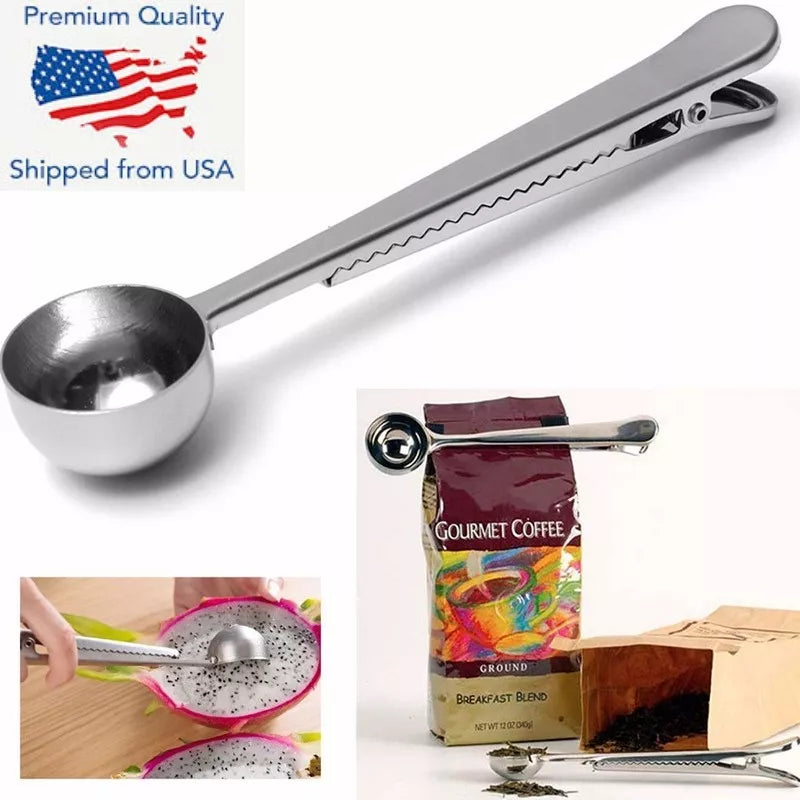 New Stainless Steel Ground Coffee Measuring Scoop Spoon With Bag Seal Clip