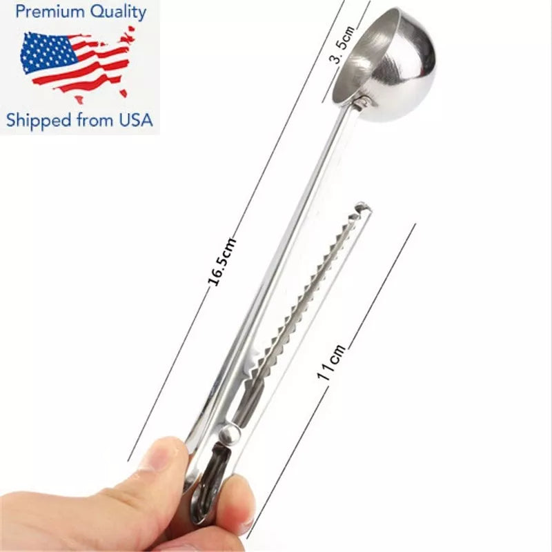 New Stainless Steel Ground Coffee Measuring Scoop Spoon With Bag Seal Clip