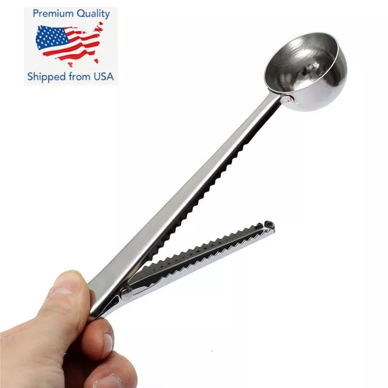 New Stainless Steel Ground Coffee Measuring Scoop Spoon With Bag Seal Clip