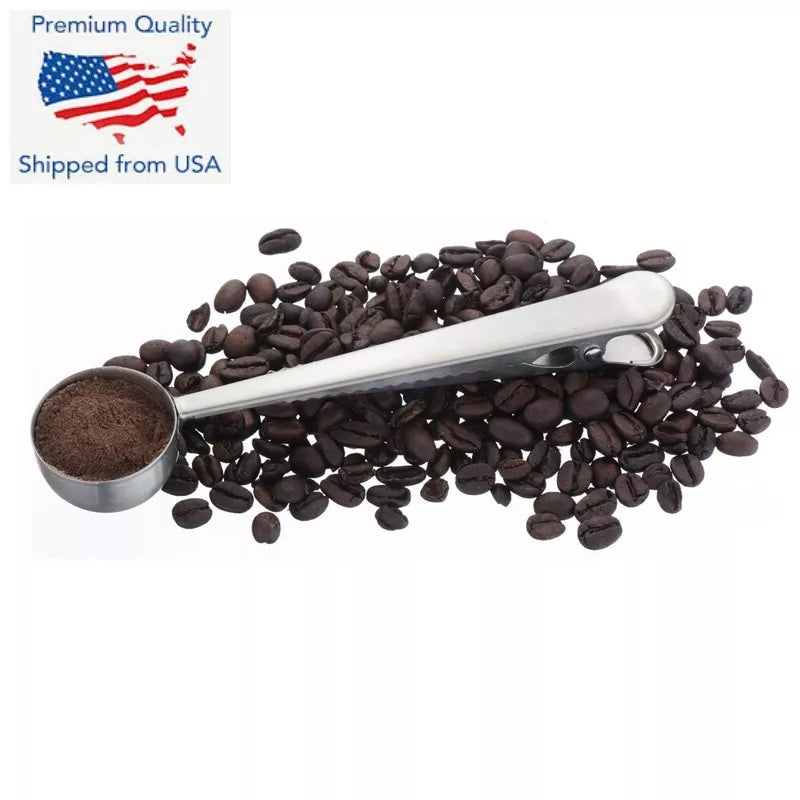 New Stainless Steel Ground Coffee Measuring Scoop Spoon With Bag Seal Clip