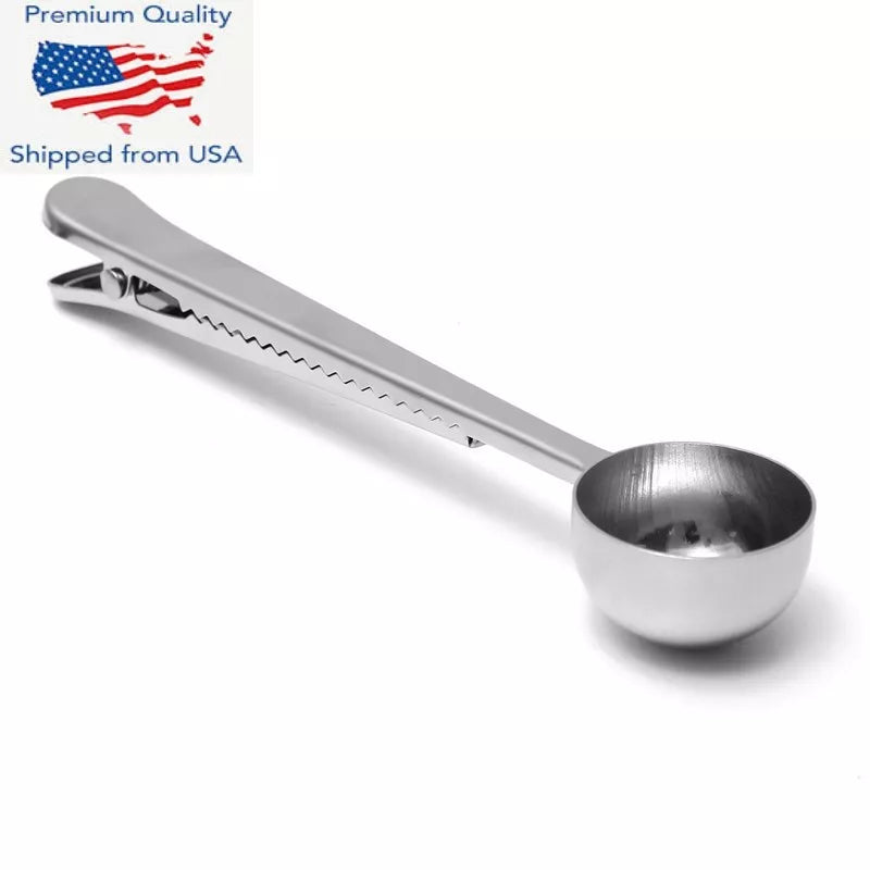 New Stainless Steel Ground Coffee Measuring Scoop Spoon With Bag Seal Clip