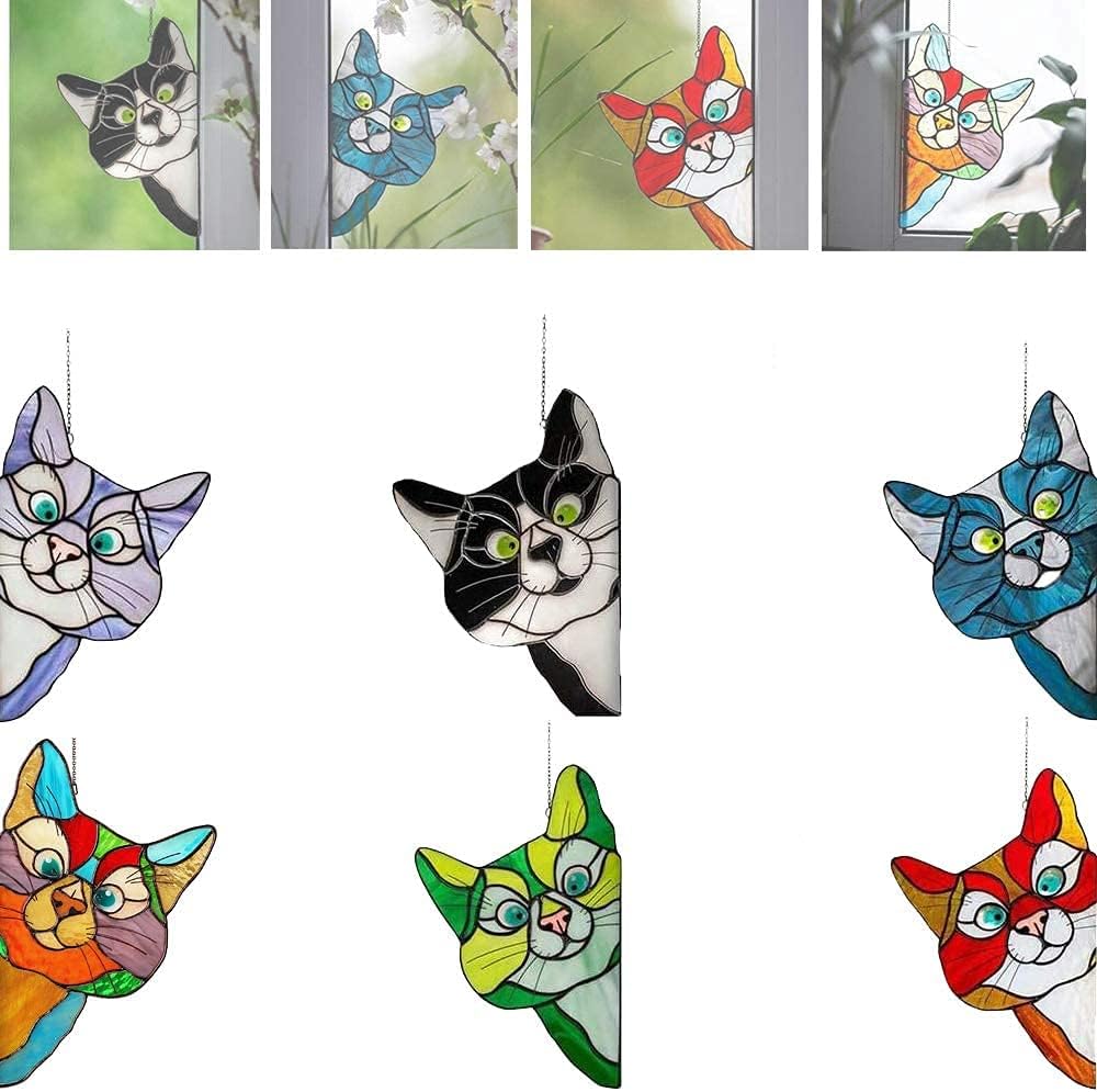 7Pcs Stained Glass Cat Face Peering Window Sticker Window/Car Door Decoration T