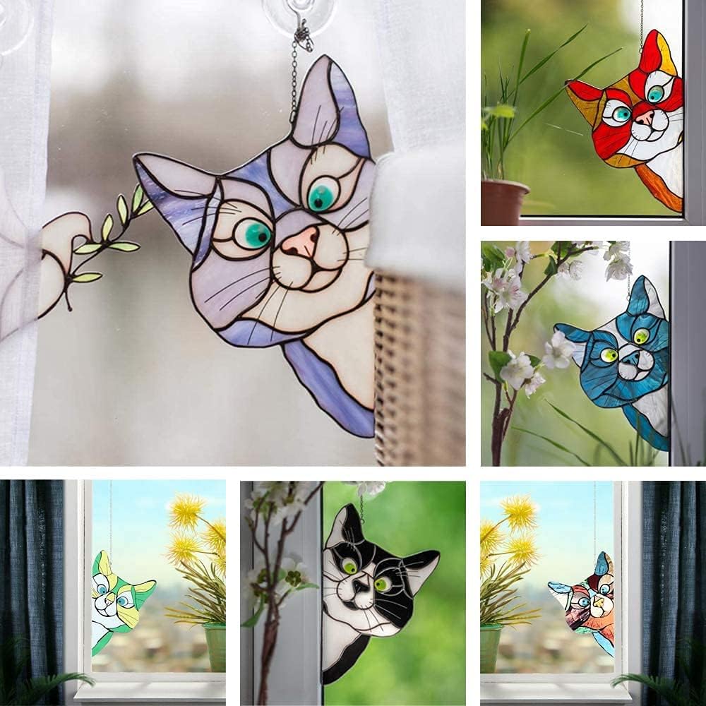 7Pcs Stained Glass Cat Face Peering Window Sticker Window/Car Door Decoration T