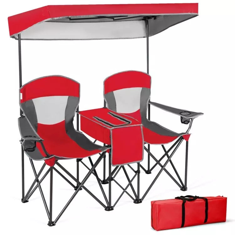 Folding 2-person Camping Chairs Double Sunshade Chairs w/ Canopy Red