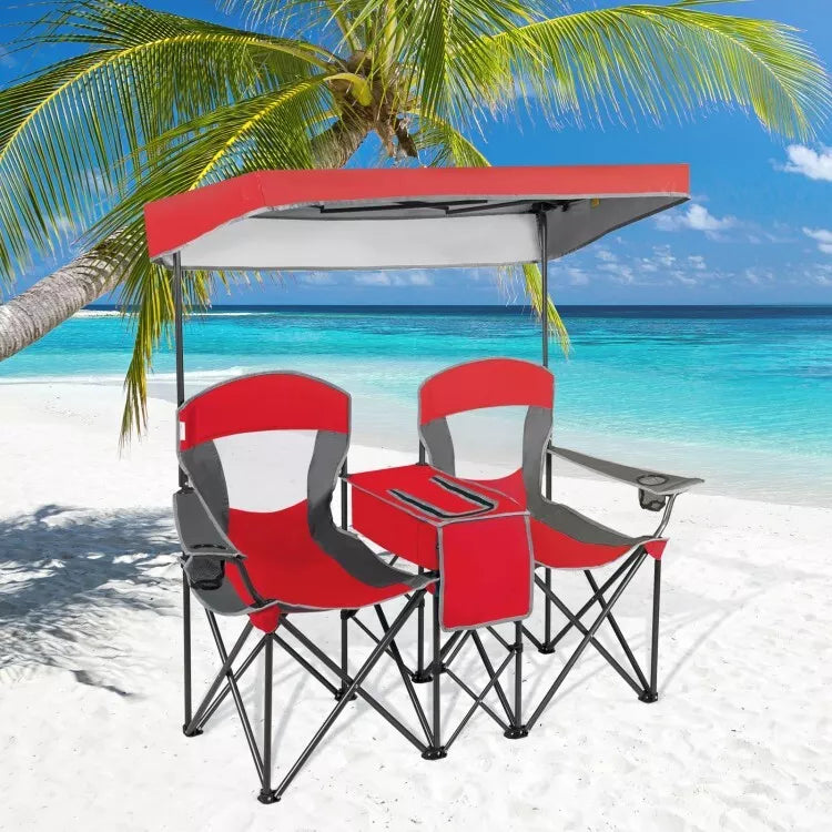 Folding 2-person Camping Chairs Double Sunshade Chairs w/ Canopy Red