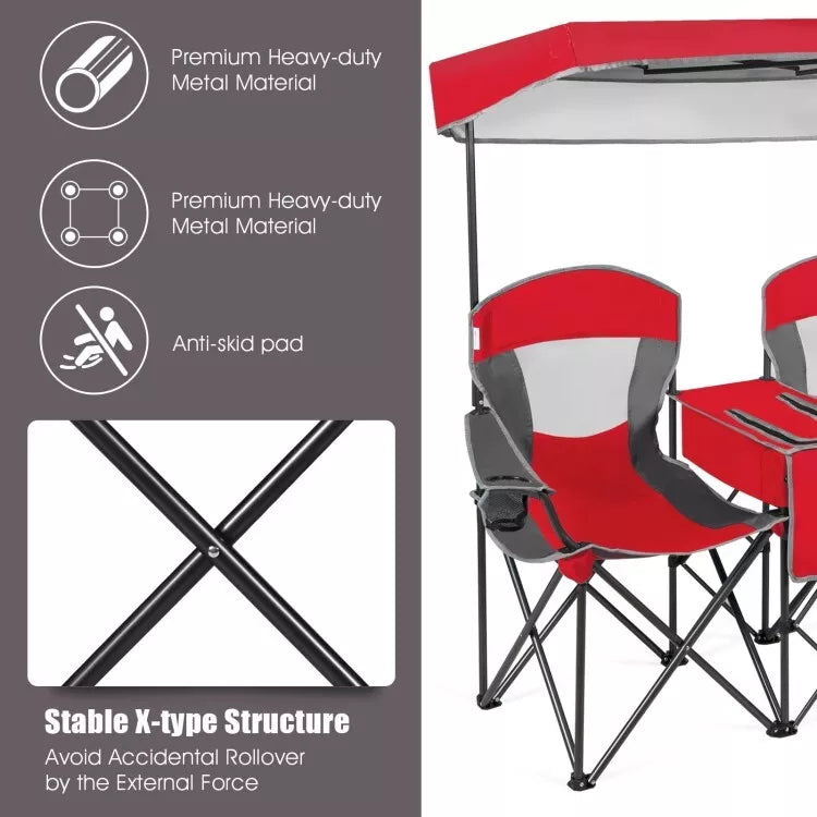 Folding 2-person Camping Chairs Double Sunshade Chairs w/ Canopy Red