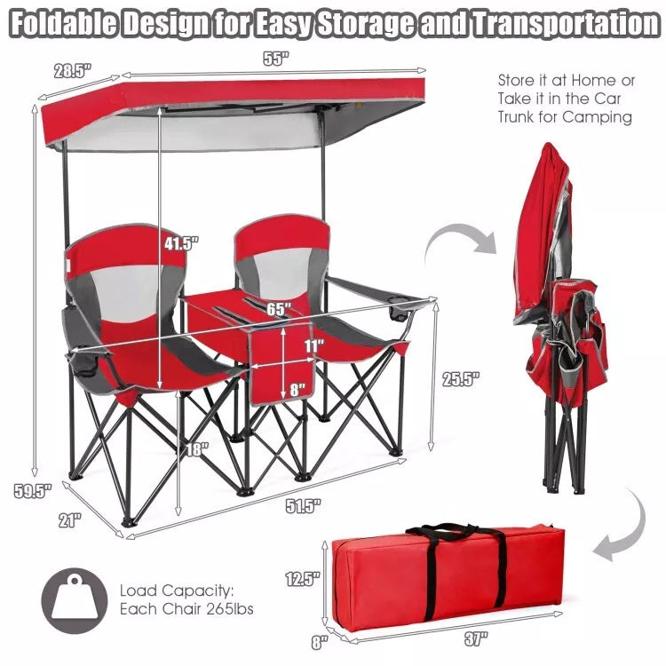 Folding 2-person Camping Chairs Double Sunshade Chairs w/ Canopy Red