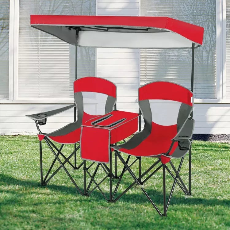 Folding 2-person Camping Chairs Double Sunshade Chairs w/ Canopy Red