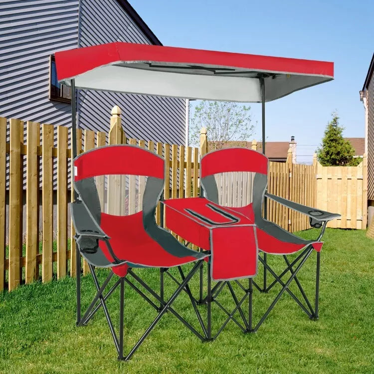 Folding 2-person Camping Chairs Double Sunshade Chairs w/ Canopy Red