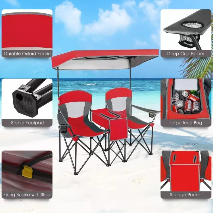 Folding 2-person Camping Chairs Double Sunshade Chairs w/ Canopy Red