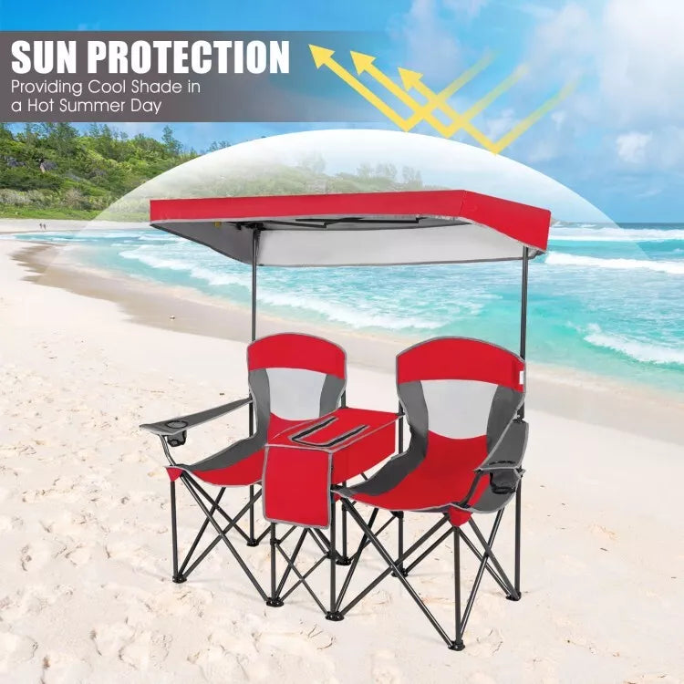 Folding 2-person Camping Chairs Double Sunshade Chairs w/ Canopy Red