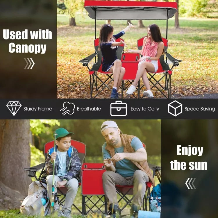 Folding 2-person Camping Chairs Double Sunshade Chairs w/ Canopy Red