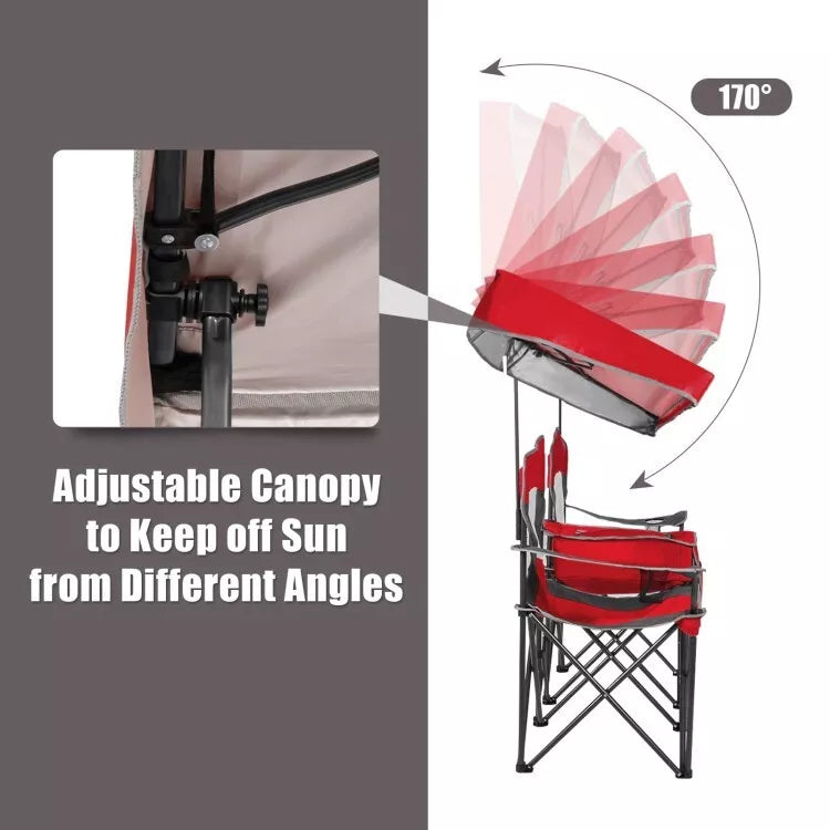 Folding 2-person Camping Chairs Double Sunshade Chairs w/ Canopy Red