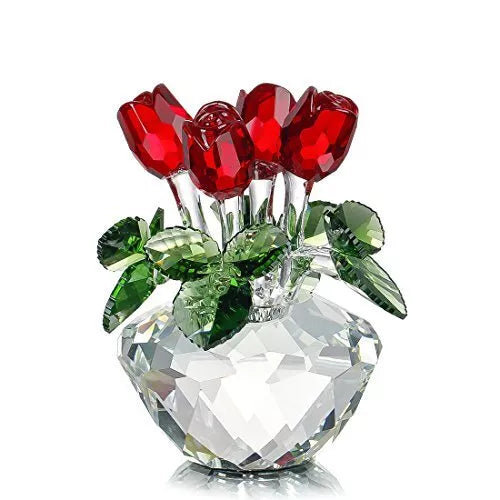 Red Rose Figurine Ornament Spring Bouquet Crystal Glass Flowers Giftboxed