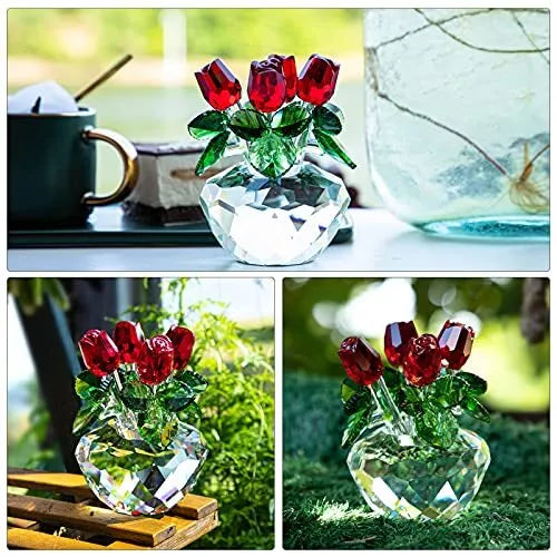 Red Rose Figurine Ornament Spring Bouquet Crystal Glass Flowers Giftboxed