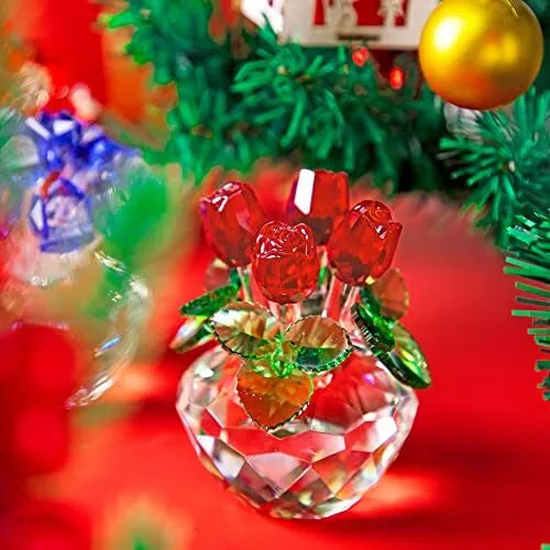 Red Rose Figurine Ornament Spring Bouquet Crystal Glass Flowers Giftboxed