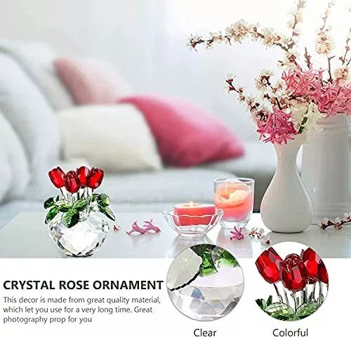 Red Rose Figurine Ornament Spring Bouquet Crystal Glass Flowers Giftboxed