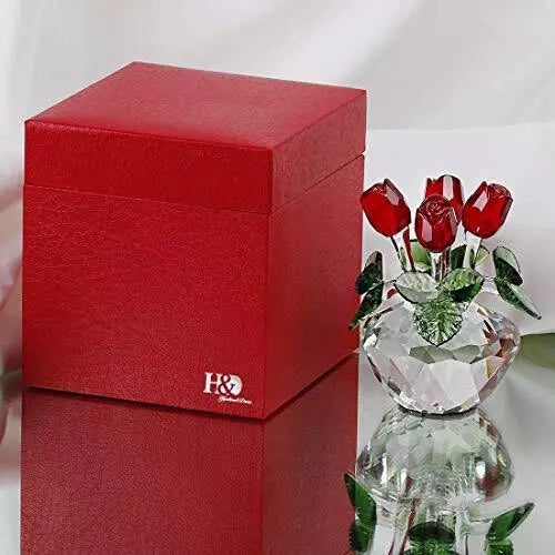 Red Rose Figurine Ornament Spring Bouquet Crystal Glass Flowers Giftboxed