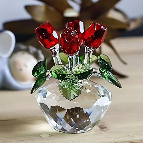 Red Rose Figurine Ornament Spring Bouquet Crystal Glass Flowers Giftboxed