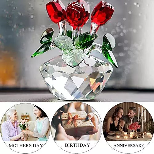 Red Rose Figurine Ornament Spring Bouquet Crystal Glass Flowers Giftboxed