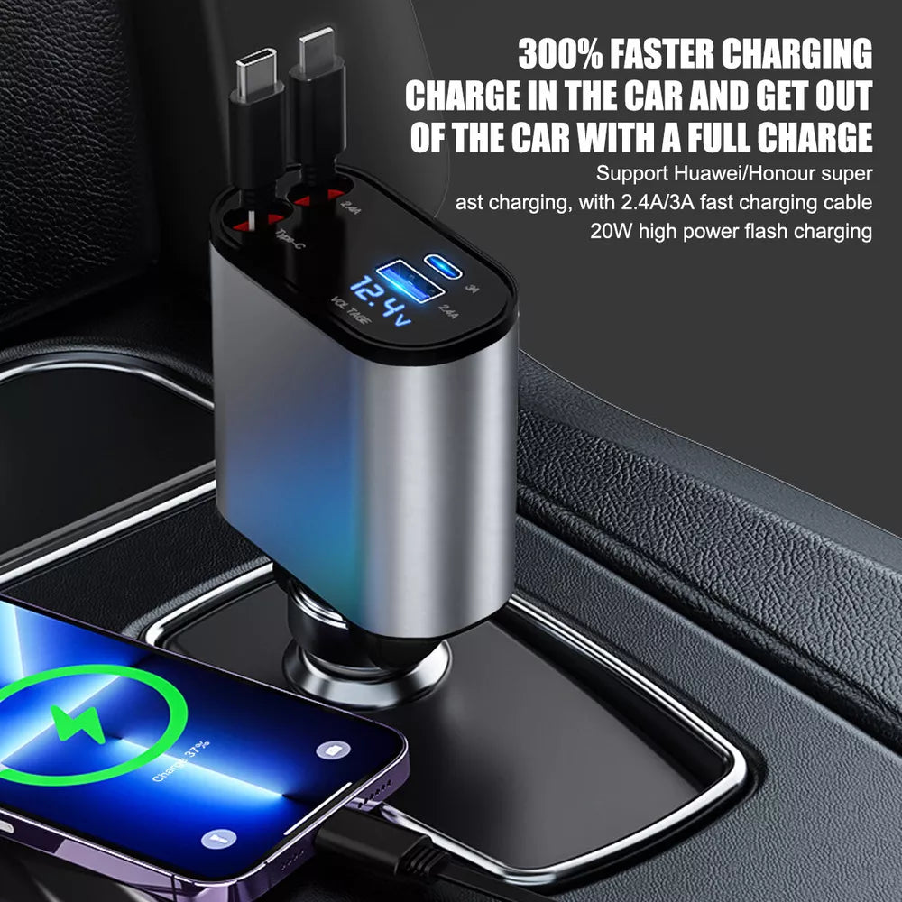 4 IN 1 Retractable Car Charger Cable Dual Port USB C PD Fast Charging Adapter US