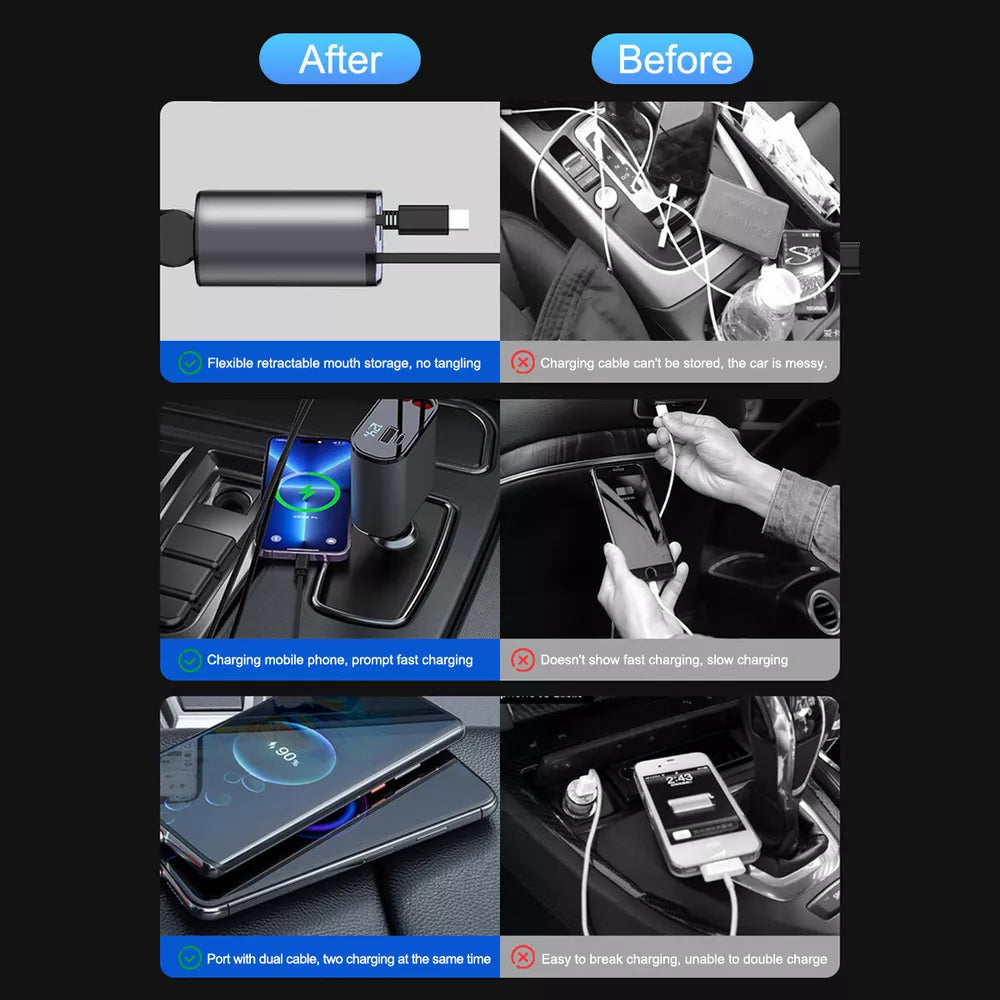 4 IN 1 Retractable Car Charger Cable Dual Port USB C PD Fast Charging Adapter US