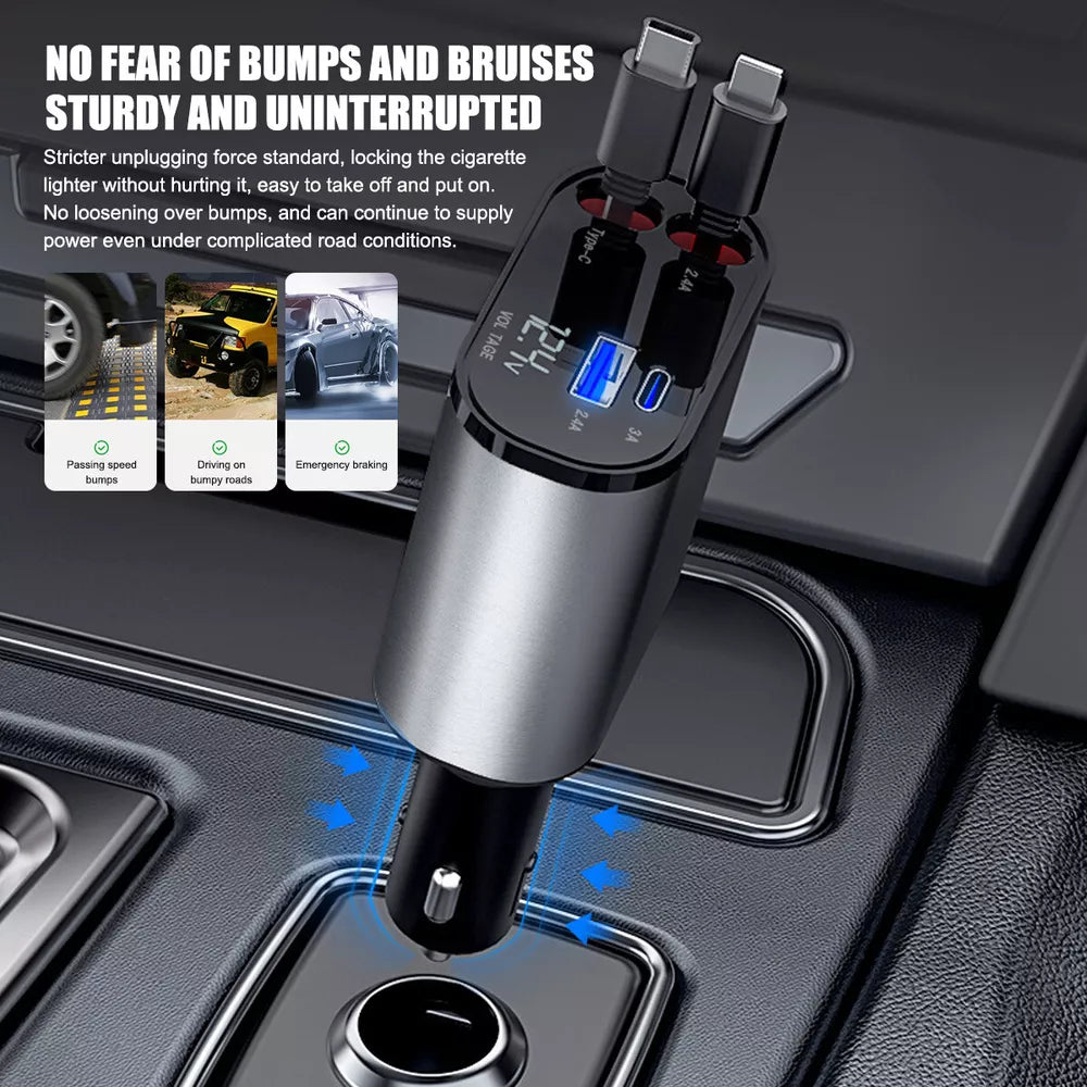 4 IN 1 Retractable Car Charger Cable Dual Port USB C PD Fast Charging Adapter US