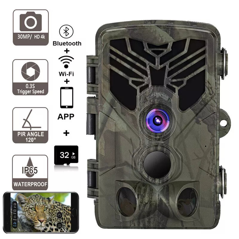 SUNTEK WiFi Bluetooth Trail Camera 30MP 4K Hunting Game Cam No Glow Night Vision