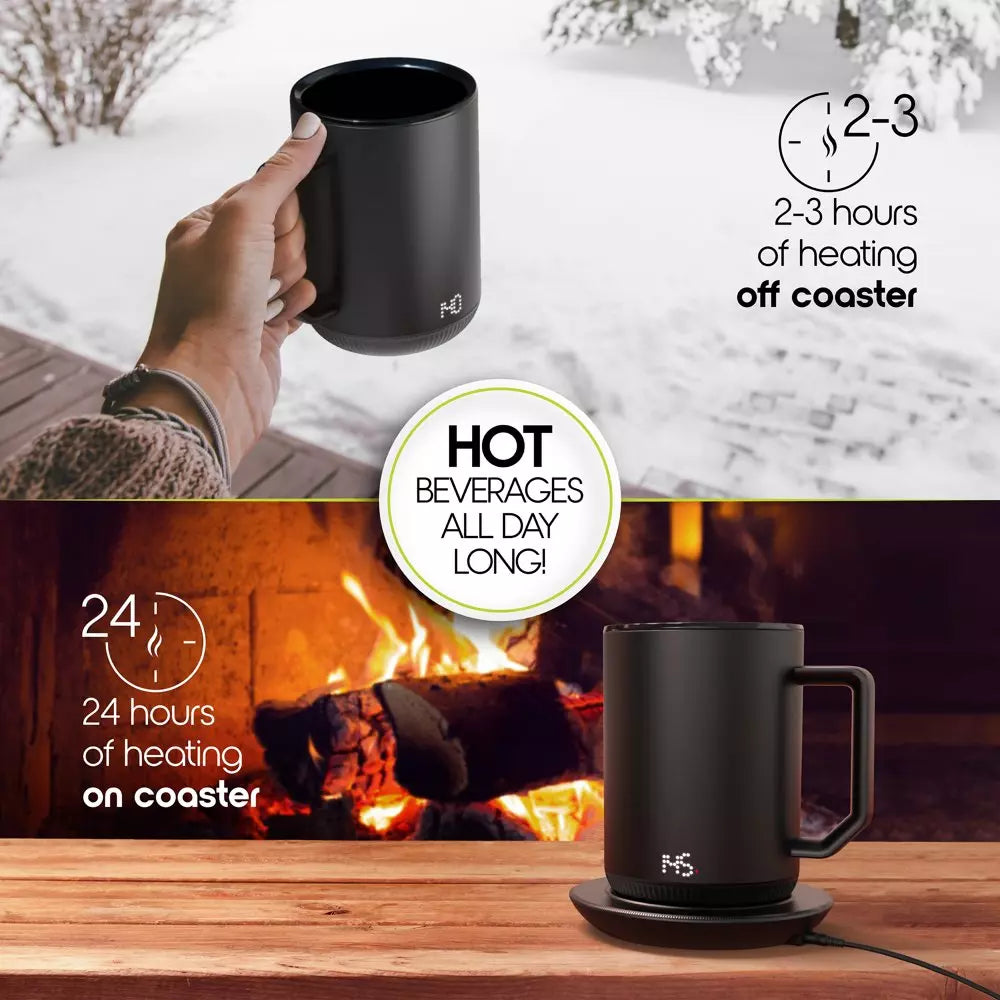 Self Heating Coffee Mug w Lid Black Charging Coaster 12 Oz Stainless Steel Drink