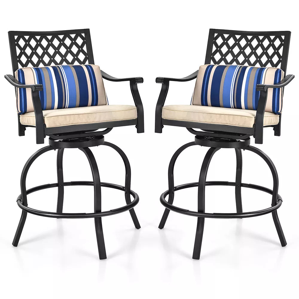 Costway Patio Bar Stool Chairs W/ Beige Cushion Metal Swivel Outdoor (2-Set)