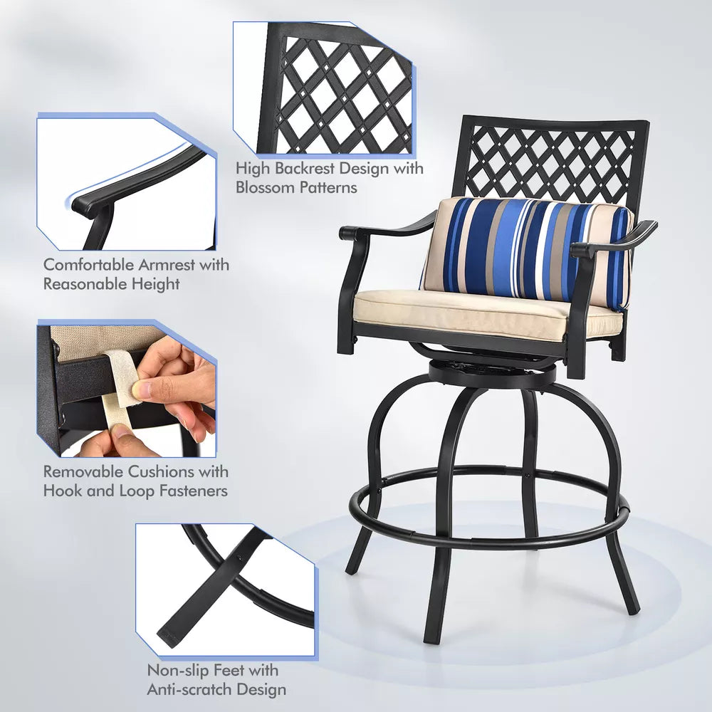 Costway Patio Bar Stool Chairs W/ Beige Cushion Metal Swivel Outdoor (2-Set)