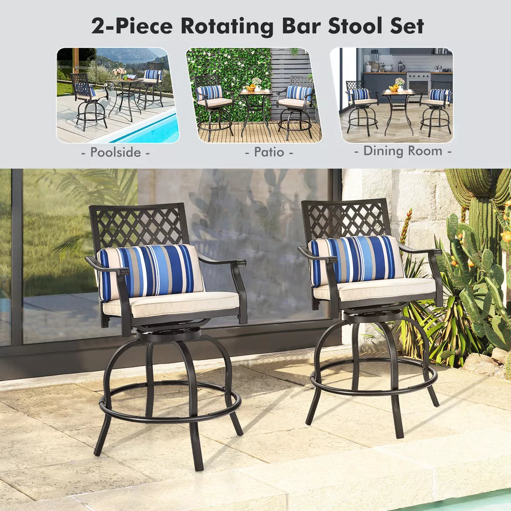 Costway Patio Bar Stool Chairs W/ Beige Cushion Metal Swivel Outdoor (2-Set)