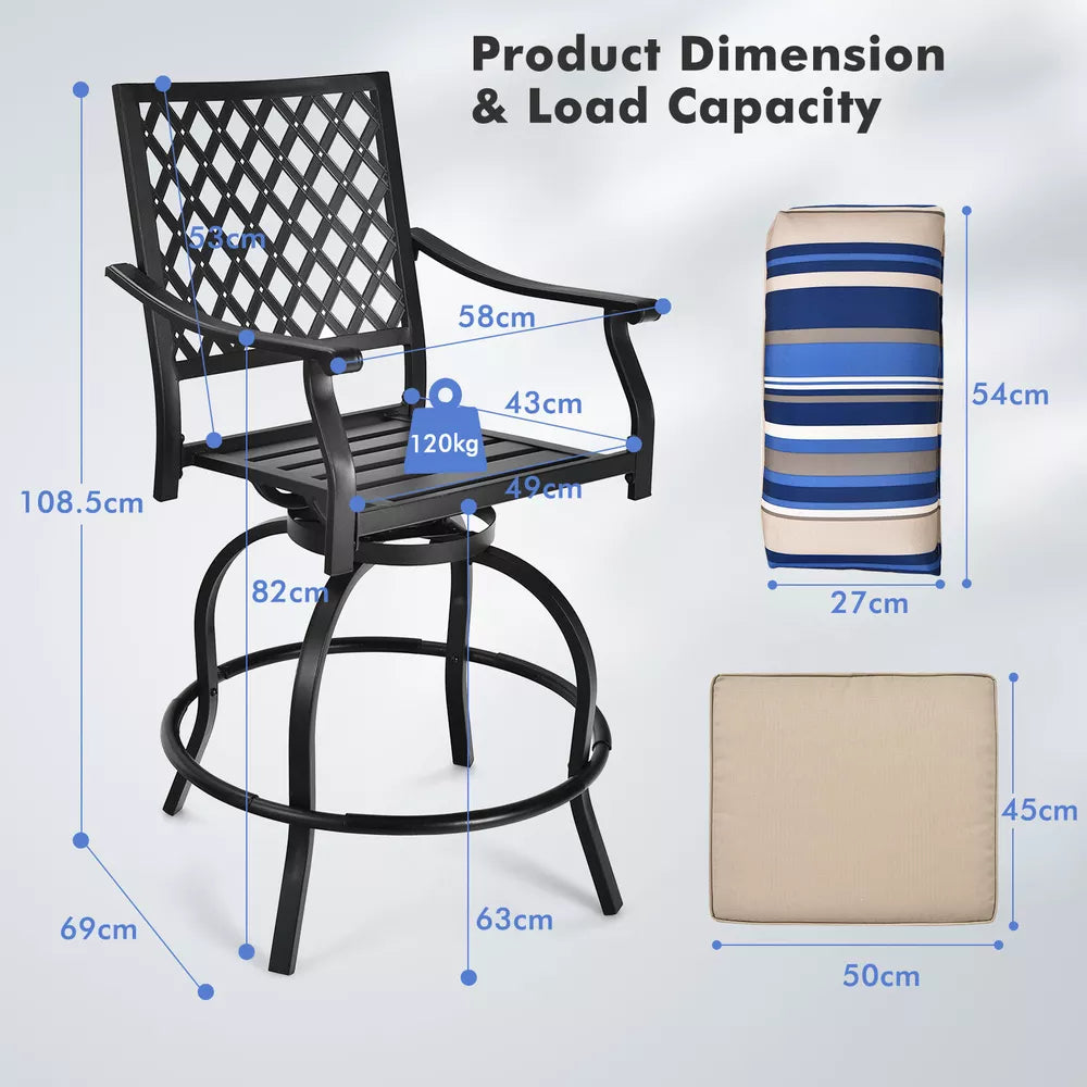 Costway Patio Bar Stool Chairs W/ Beige Cushion Metal Swivel Outdoor (2-Set)