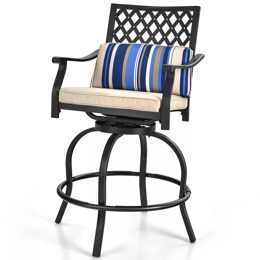 Costway Patio Bar Stool Chairs W/ Beige Cushion Metal Swivel Outdoor (2-Set)