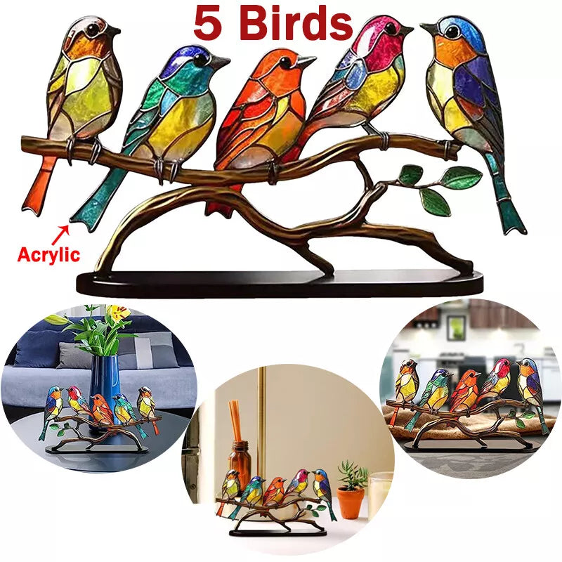 Stained Acrylic Birds On Branch Desktop Ornaments Double Sided Multicolor Birds