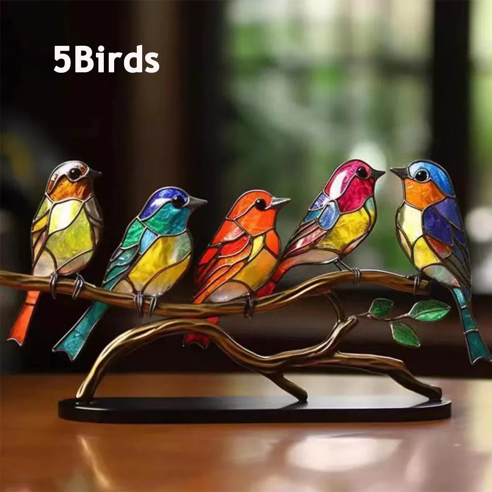 Stained Acrylic Birds On Branch Desktop Ornaments Double Sided Multicolor Birds