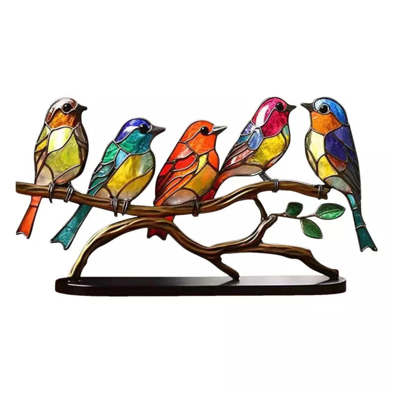 Stained Acrylic Birds On Branch Desktop Ornaments Double Sided Multicolor Birds