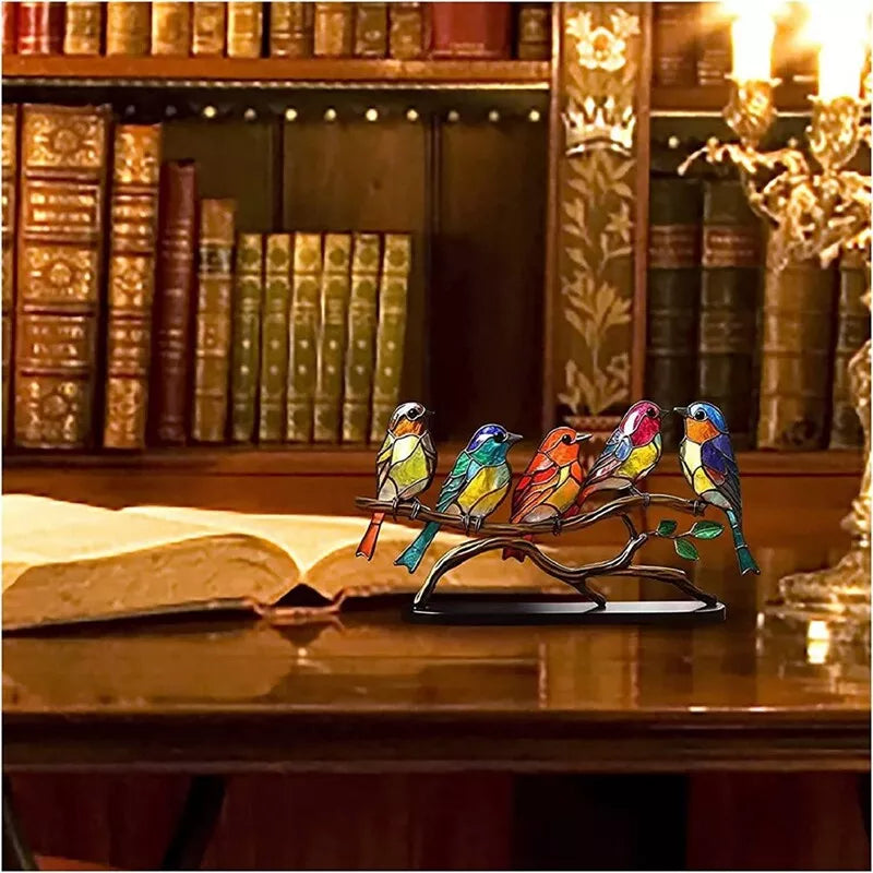 Stained Acrylic Birds On Branch Desktop Ornaments Double Sided Multicolor Birds