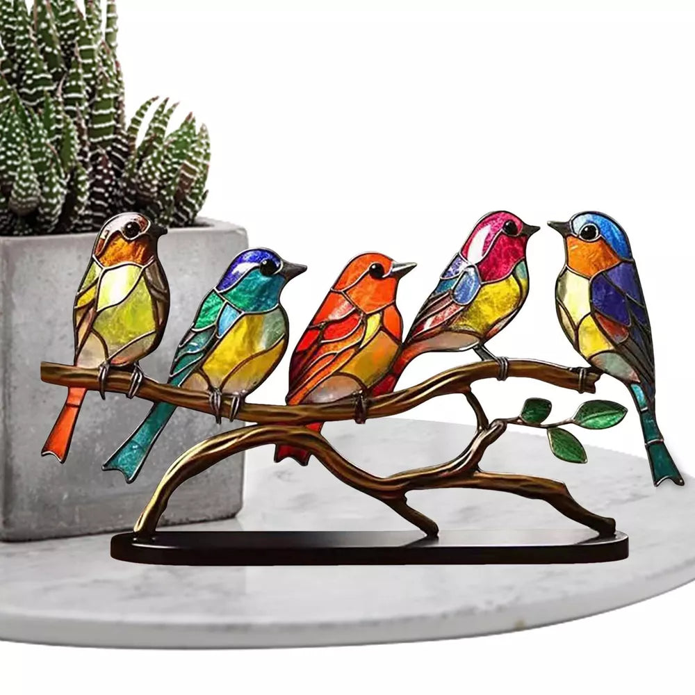 Stained Acrylic Birds On Branch Desktop Ornaments Double Sided Multicolor Birds