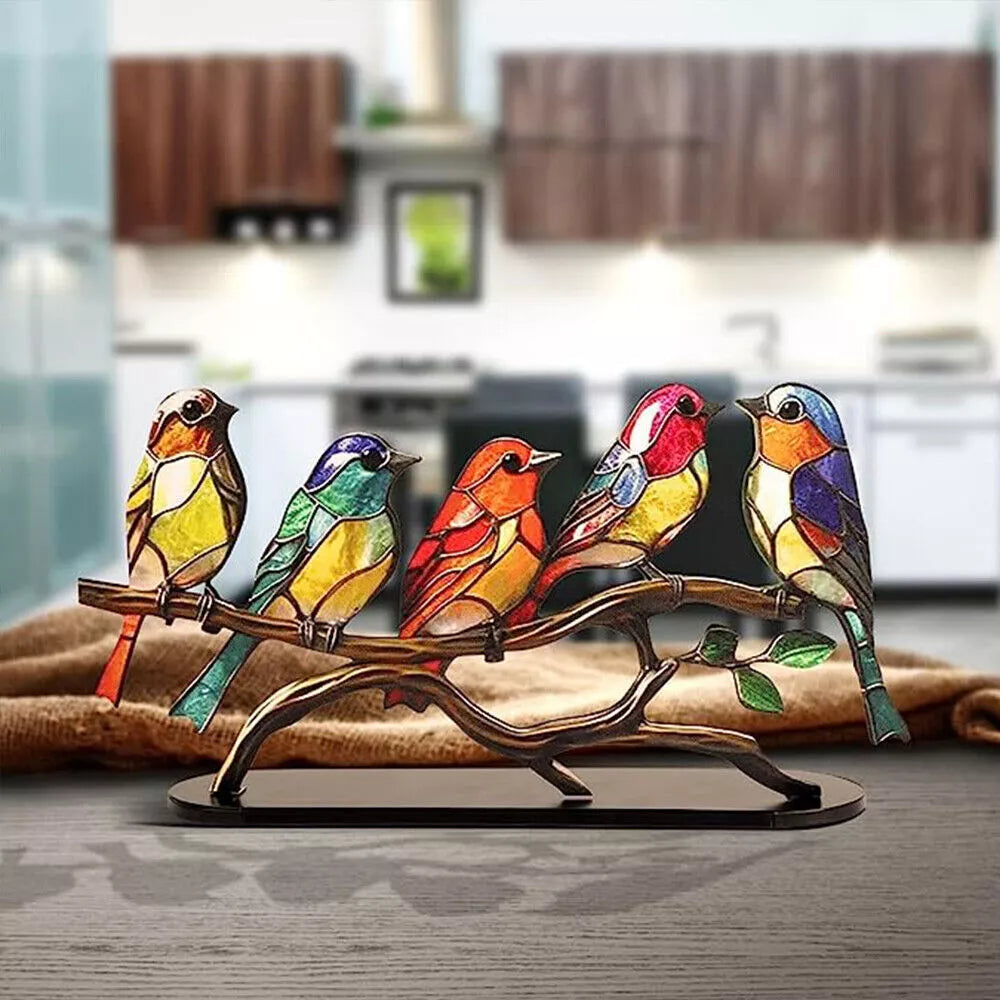 Stained Acrylic Birds On Branch Desktop Ornaments Double Sided Multicolor Birds