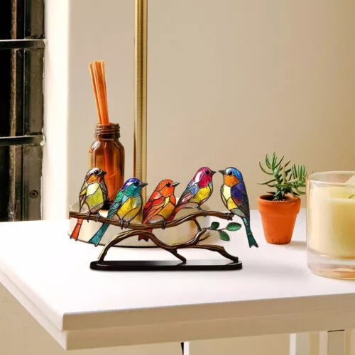 Stained Acrylic Birds On Branch Desktop Ornaments Double Sided Multicolor Birds