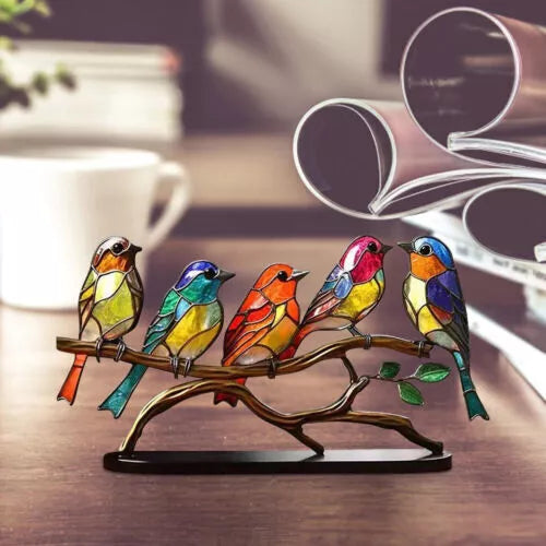 Stained Acrylic Birds On Branch Desktop Ornaments Double Sided Multicolor Birds