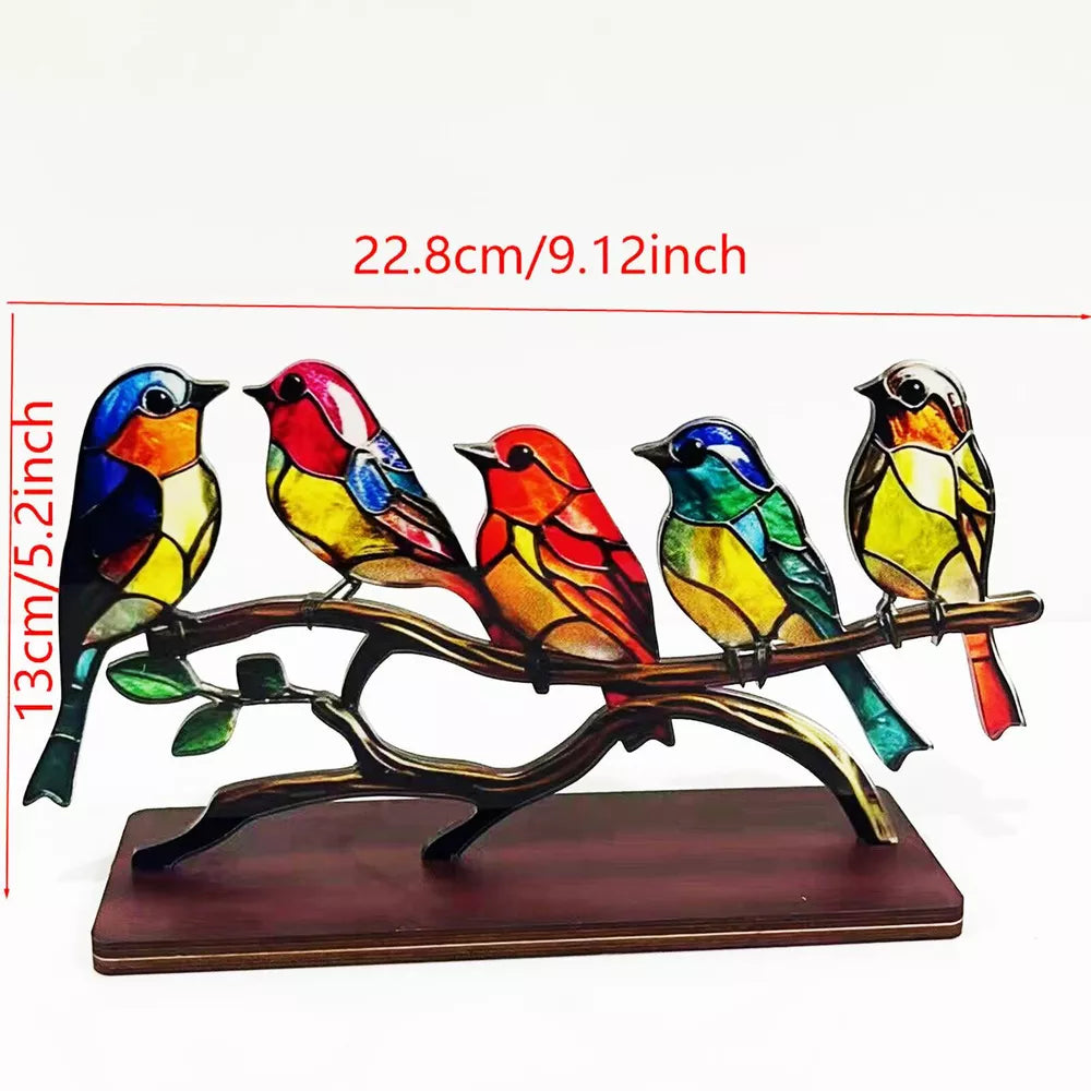 Stained Acrylic Birds On Branch Desktop Ornaments Double Sided Multicolor Birds