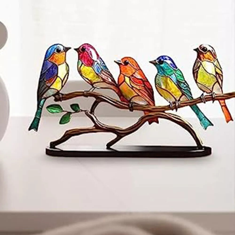 Stained Acrylic Birds On Branch Desktop Ornaments Double Sided Multicolor Birds