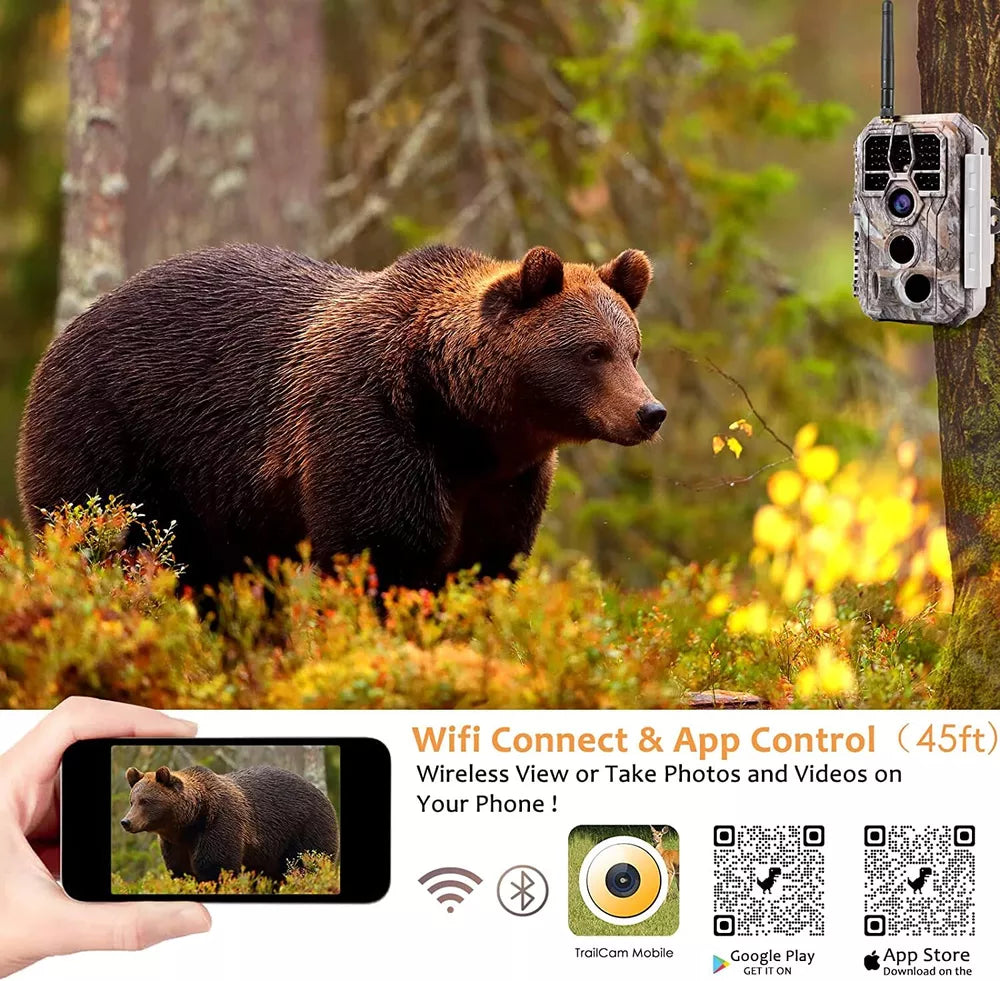 Trail Camera WiFi Bluetooth 32MP 1296P Wildlife Game Night Vision Hunting Camera